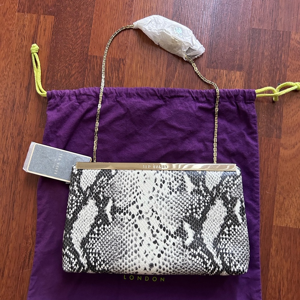 NWT Ted Baker Exotic Snake Embossed/ Powder Blue Leather Clutch Handbag